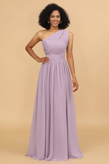 Lila Chifón Vestido de dama de honor un hombro con volantes